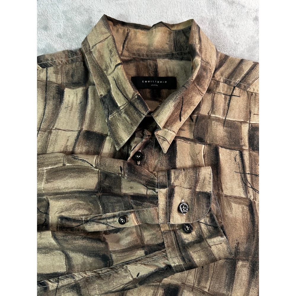 Equilibrio Button Front Disco Shirt Mens XL Brown Abstract Geometric Italia